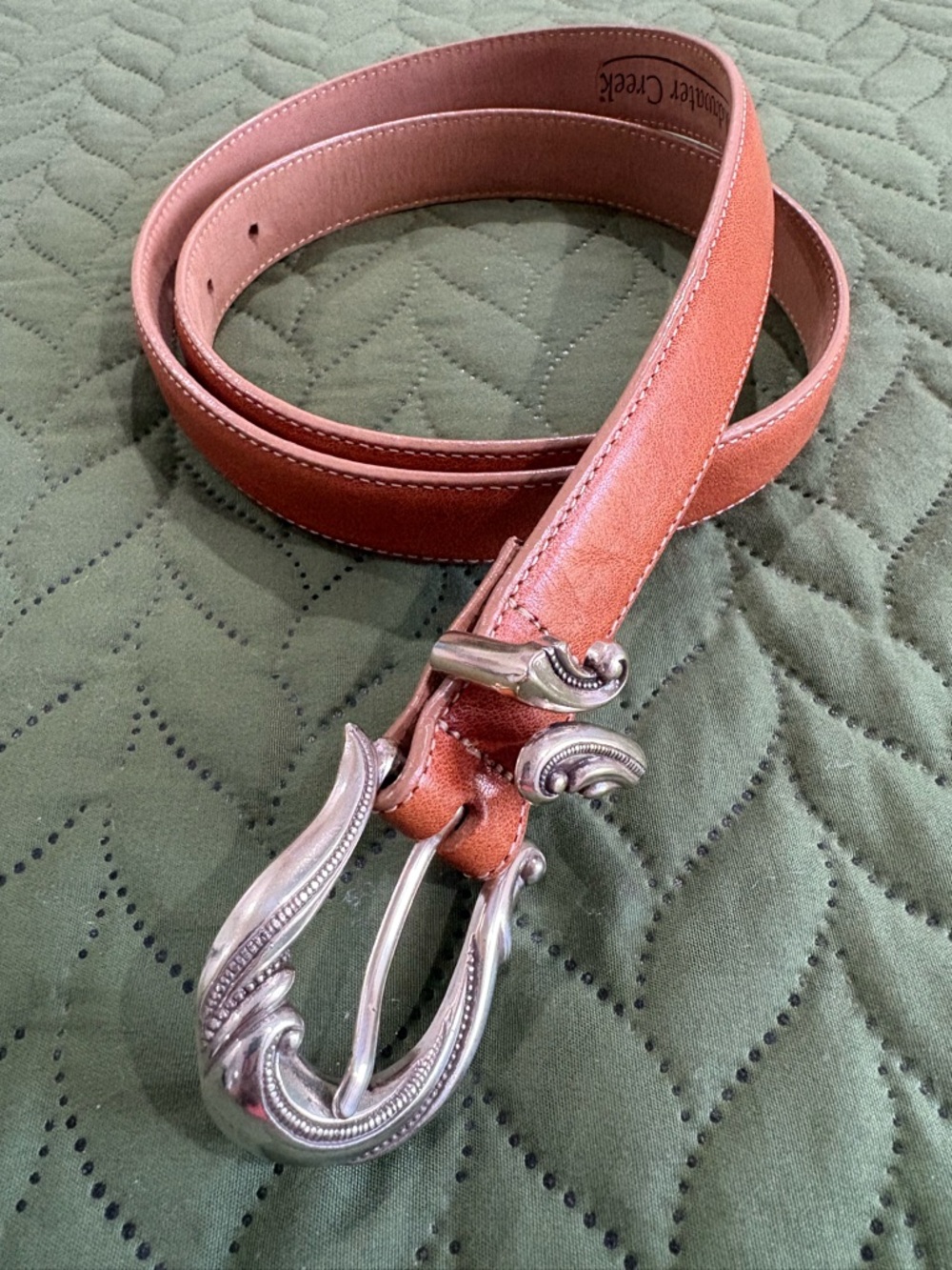 Coldwater Creek Tan Leather Belt with Ornate Silver Buckle
